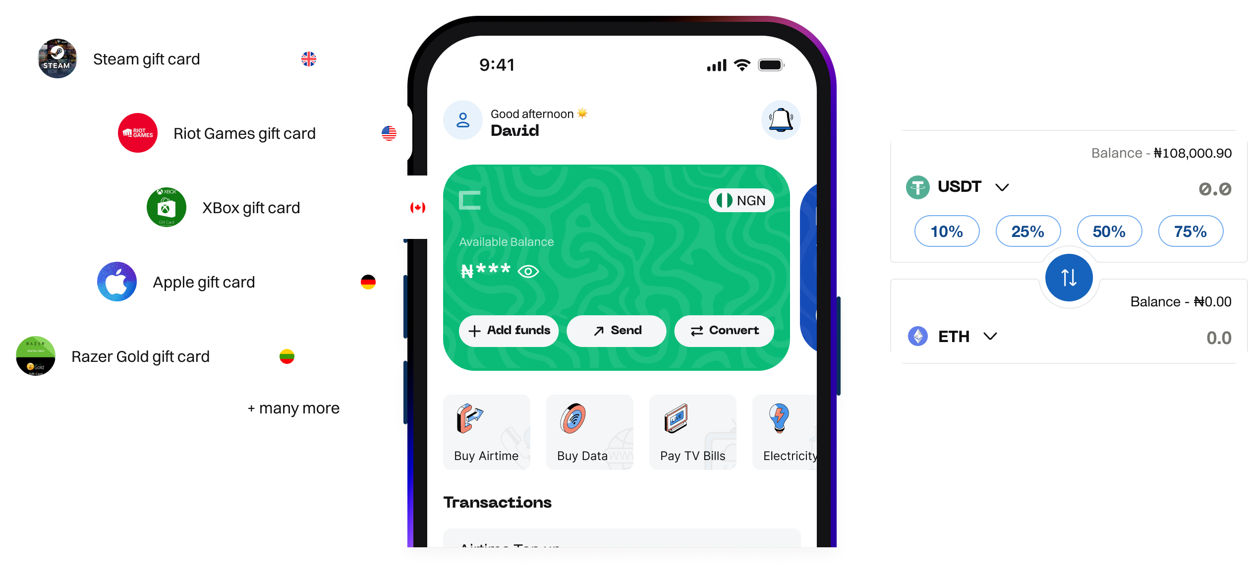 Carder app on iPhone showing the home screen with Good afternoon greeting, an NGN balance card with Add funds, Send and Convert actions, quick tiles for Buy Airtime, Buy Data, Pay TV Bills and Electricity, and recent transactions, surrounded by Steam, Riot Games, Xbox, Apple, and Razer Gold gift-card pills on the left and a swap card on the right.